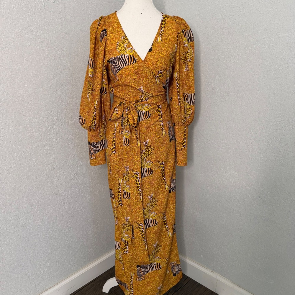 Rhode Women Yellow Safari Animal Print Fiona Wrap Maxi Dress Small Puff Sleeve